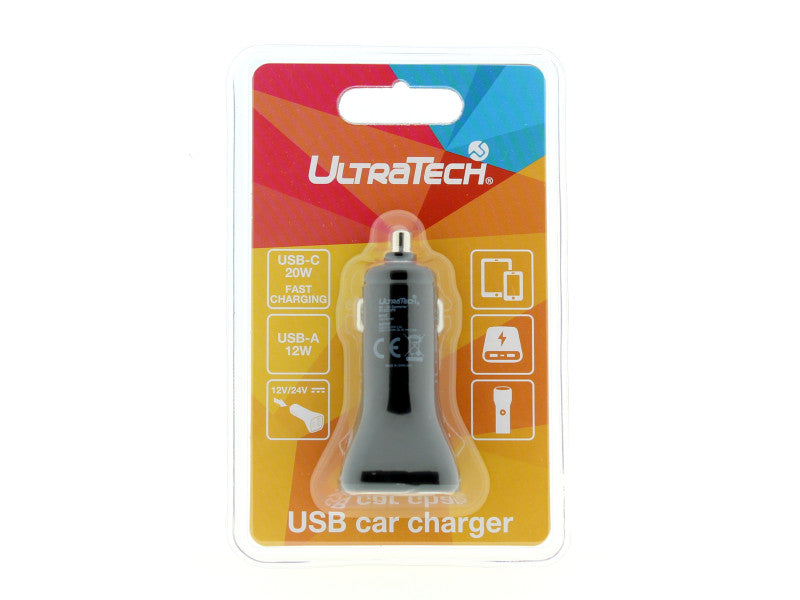 Ultratech autós töltő 1xusb-a 20w 1xusb-c 12w 12-24v dc gyorstöltő