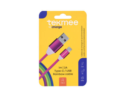 Tekmee rainbow töltőkábel (fonott) 1m 2a - type c / usb