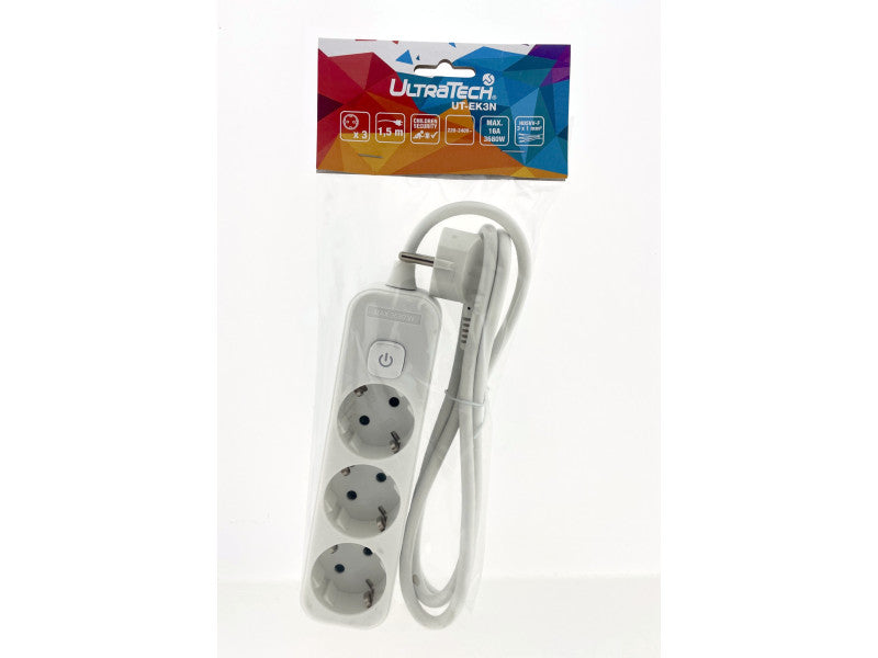 UltraTech elosztó 3-as, kapcsolóval, 1,5m kábellel, dugvillával, 16A, 3x1mm2 H05VV-F vezetékkel