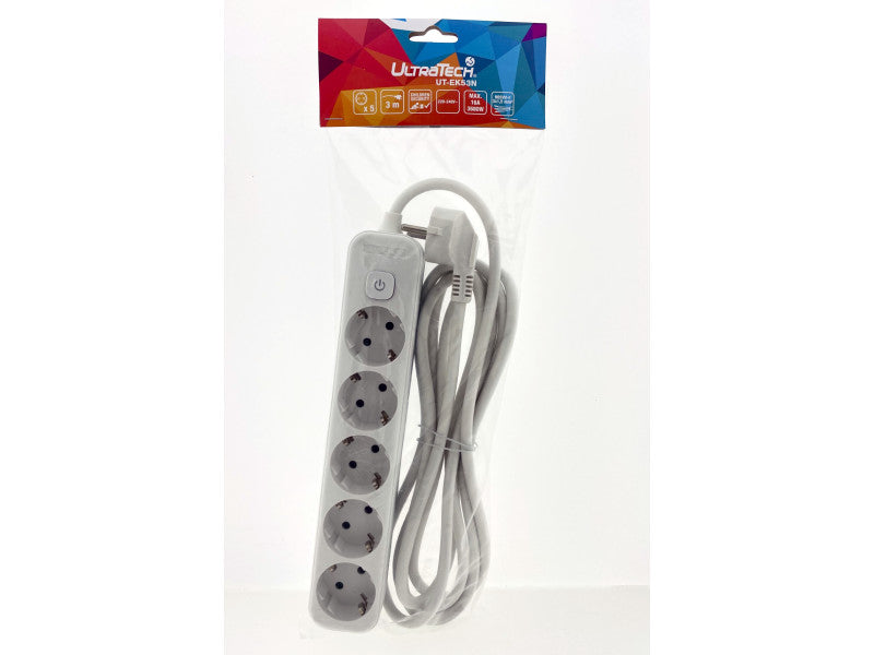 UltraTech elosztó 5-ös, kapcsolóval, 3m kábellel, dugvillával, 16A, 3x1,5mm2 H05VV-F vezetékkel, földelt, gyermekvédelemmel