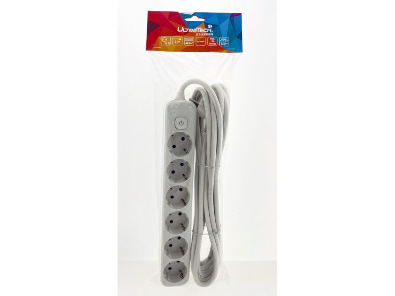 UltraTech elosztó 6-os, kapcsolóval, 5m kábellel, dugvillával, 16A, 3x1,5mm2 H05VV-F vezetékkel, földelt, gyermekvédelemmel