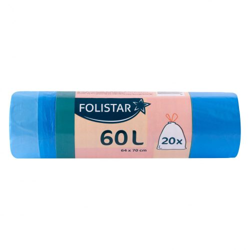 Folistar hnat szemeteszsák hdpe, kék, szalagos, 64x70cm, 60 literes 20 darab/tekercs