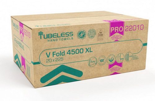 Tubeless v hajtogatott kéztörlő fehér, cellulóz, lap, 2 rétegű, 100% 25x21cm, 20x225 4500 lap/karton