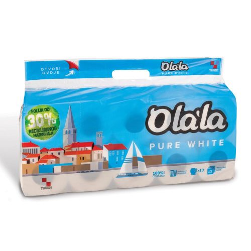 Olala pure white kistekercses toalettpapír fehér 3 rétegű 10 tekercses, 8 csomag/zsák