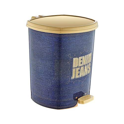 Műanyag pedálos szemetes, kék/arany mintás denim 6l