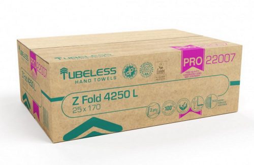 Tubeless z hajtogatott kéztörlő cellulóz, lap 2 rétegű, 100% 20,3x24cm, 25x170 4250 lap/karton