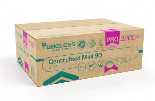 Tubeless pro tekercses kéztörlő fehér, cellulóz, 90 mini 2 rétegű, 100% 92m, 12 tekercs/zsugor