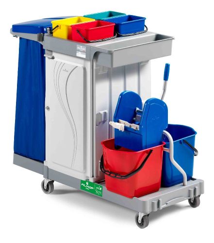Filmop alpha + vödörrel, zsáktartóval, zárható szekrénnyel 6103 takarítókocsi 4x4l 2x15l