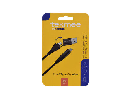 Tekmee 2in1-ben töltő kábel 1m 3a max 60w- type-c / type c-usb (fekete)