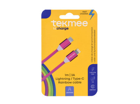Tekmee rainbow gyortöltő kábel (fonott) 1m 3a max 27w- lightning (iphone) / type c