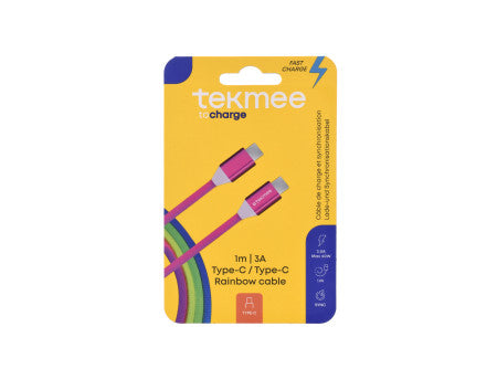 Tekmee rainbow gyorstöltő kábel (fonott) 1m 3a max 60w- type c / type c